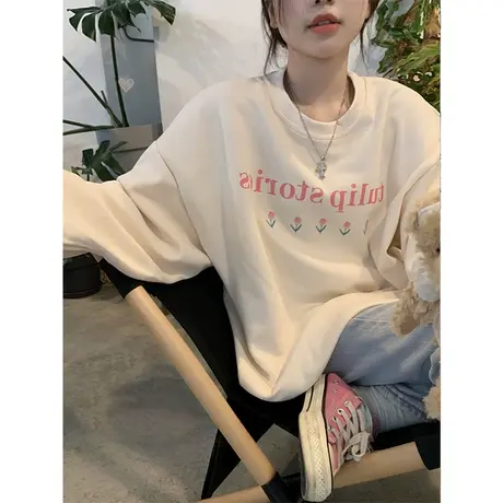 圆领卫衣女2022新款奶甜艺术生oversize小个子薄款早秋长袖上衣潮图片