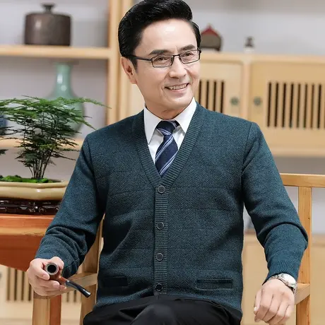 开衫男针织衫秋冬季爷爷毛线衣外套加厚款中老年人对襟上衣爸爸装商品大图