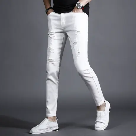 潮牌白色九分牛仔裤男破洞修身小脚弹力百搭潮流显瘦男士裤子9分商品大图