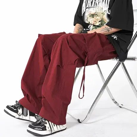 酒红色工装裤男夏季大口袋美式复古高街潮牌宽松阔腿直筒休闲裤子商品大图