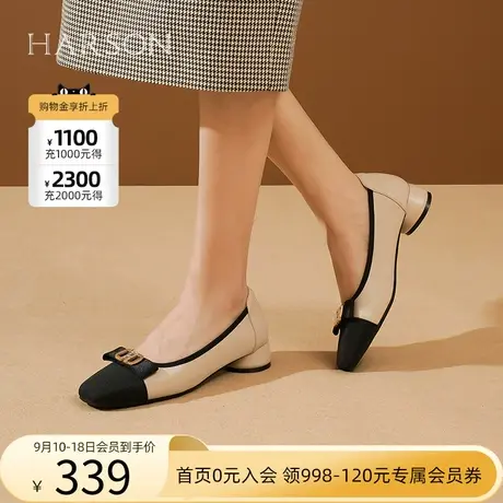 哈森单鞋女2023秋季新款低跟拼接皮鞋浅口一脚蹬小香风HWL230150商品大图