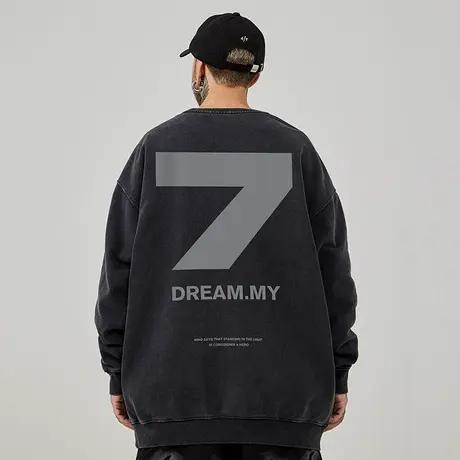 加肥加大码圆领美式重磅复古胖子男7号宽松水洗做旧卫衣秋冬加绒商品大图