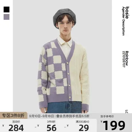 bosie 2023年春季新款针织毛衫男棋盘格拼接开衫情侣毛衣商品大图