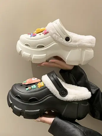 海绵宝宝洞洞鞋女外穿2023秋冬新款网红厚底踩屎感加绒包头半拖鞋商品大图