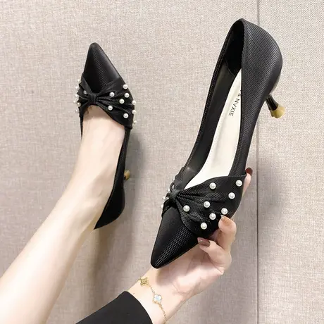永希法式单鞋女春夏季新款2023一脚蹬浅口蝴蝶结珍珠高级感高跟鞋商品大图