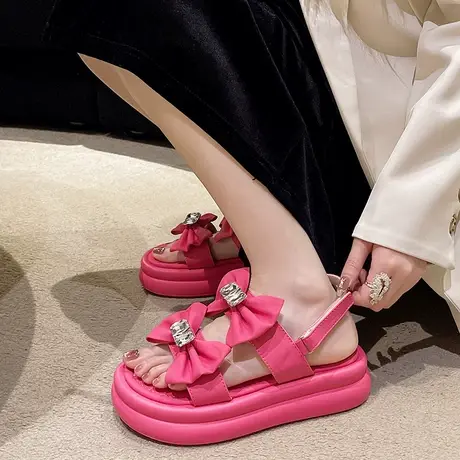 仙女风蝴蝶结魔术贴厚底露趾凉鞋女2023夏季小众设计高级感温柔鞋图片