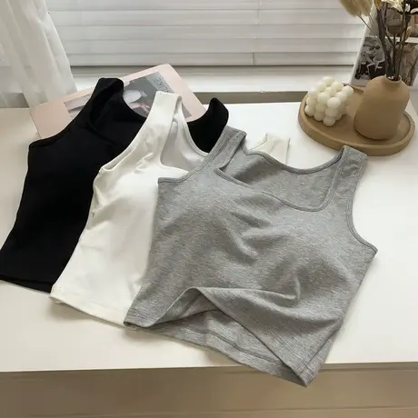 夏季外穿带胸垫背心女修身显瘦纯色百搭春季内搭上衣一字宽肩吊带图片