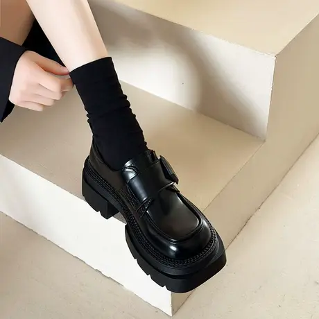 复古乐福鞋女2024年春秋季新款高跟魔术贴单鞋粗跟厚底英伦小皮鞋商品大图