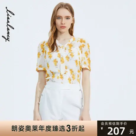 朗姿奥莱POLO领黄色不规则印花女士通勤休闲夏季衬衫图片