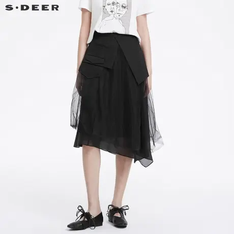 sdeer圣迪奥女装时尚网纱拼接不规则A字长裙S22261112图片
