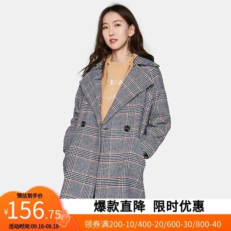 艾格冬季女装新款休闲羊毛彩色格子中长款毛呢大衣Y320图片