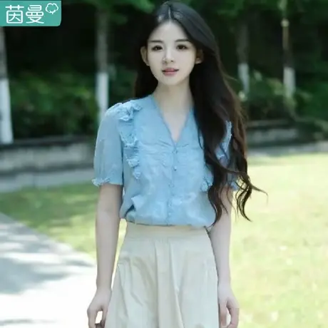 茵曼纯棉短袖衬衫女法式V领蕾丝边上衣2023夏季新款白色衬衣女款商品大图