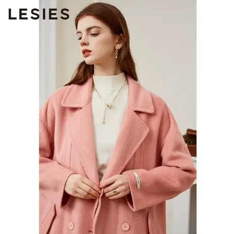蓝色倾情秋冬季女装新款 粉色柔软双排扣西装领双面呢子大衣图片