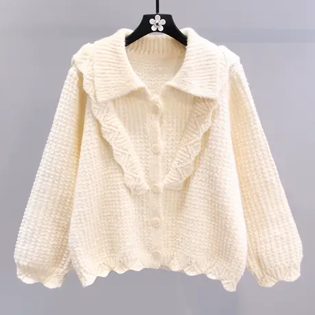 荷叶边拼接polo领毛衣外套女2023春装新款宽松设计感软糯针织开衫图片