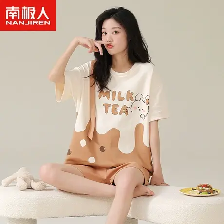 南极人睡衣女夏季纯棉短袖短裤套装2023年新款小兔字母薄款家居服图片