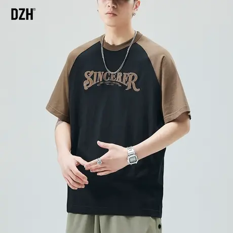 男士纯棉插肩短袖t恤男夏季复古美式学院休闲风针织上衣男款体恤商品大图