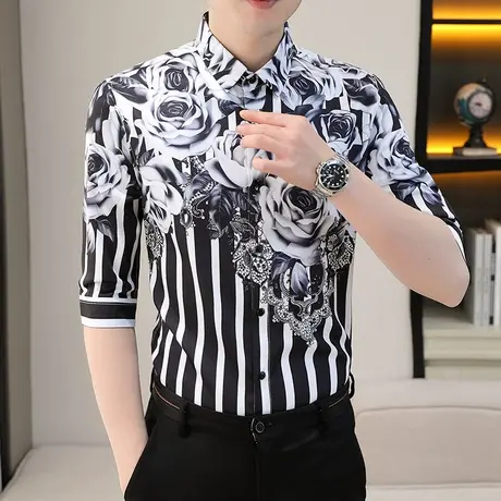 发型师条纹印花七分中袖衬衫男士春夏季薄款韩版潮牌玫瑰衬衣网红图片