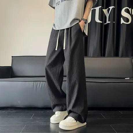 裤子男夏季2025新款纯色宽松阔腿裤大码潮牌ins美式休闲运动长裤商品大图