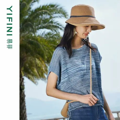 [专柜同款]Yifini/易菲定制花纱蝙蝠袖套头针织衫宽松短款上衣商品大图