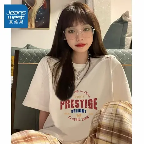 KMV真维斯白色短袖t恤女夏季2025新款美式复古宽松大码纯棉上衣潮商品大图