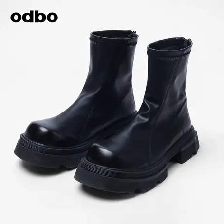 odbo/欧迪比欧时尚气质黑色后低增高马丁靴女春季新款中筒骑士靴图片