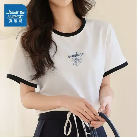 YD真维斯女装2025夏季新款百搭时尚简约印花纯棉黑边针织短袖T恤商品大图