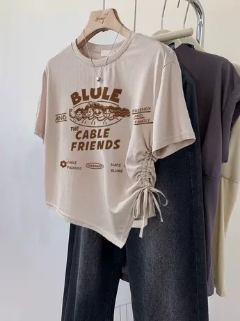 夏季短款女装短袖美式复古chic百搭上衣ins潮牌修身不规则抽绳T恤商品大图