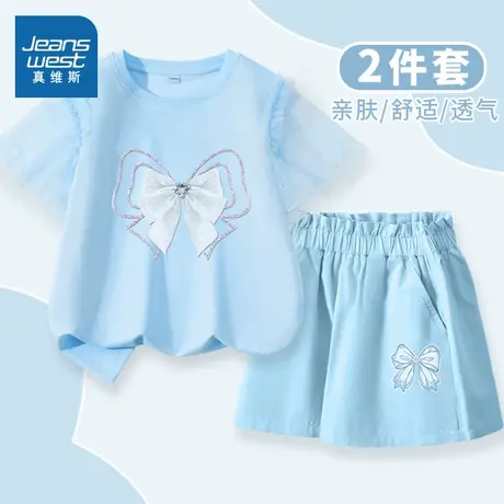 真维斯童装女童夏季套装大童夏款多巴胺衣服儿童甜美网纱短袖t恤商品大图