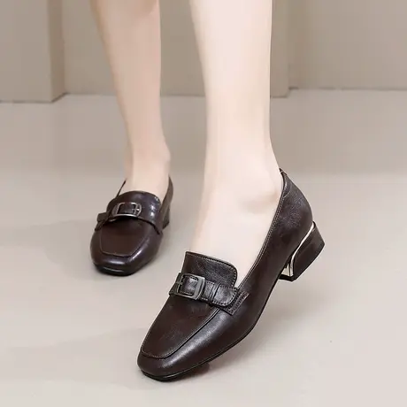 真皮乐福鞋春季新款百搭浅口单鞋大码41-43软底方头小皮鞋妈妈鞋商品大图