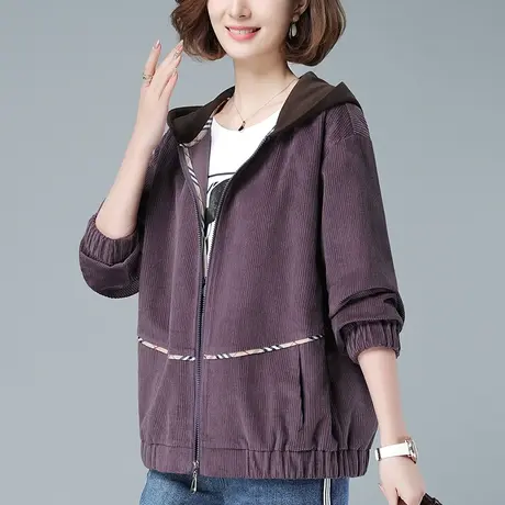 休闲外套女春秋2023年新款加大码女装宽松中年妈妈连帽显瘦女夹克商品大图