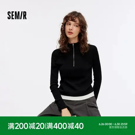 森马毛衣女短款撞色假两件百搭女士内搭秋季半开襟修身毛衫简约风商品大图
