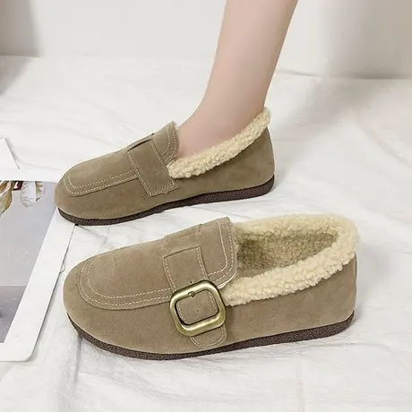 勃肯鞋女加绒保暖豆豆鞋2023年新款冬季一脚蹬毛毛鞋复古平底棉鞋商品大图