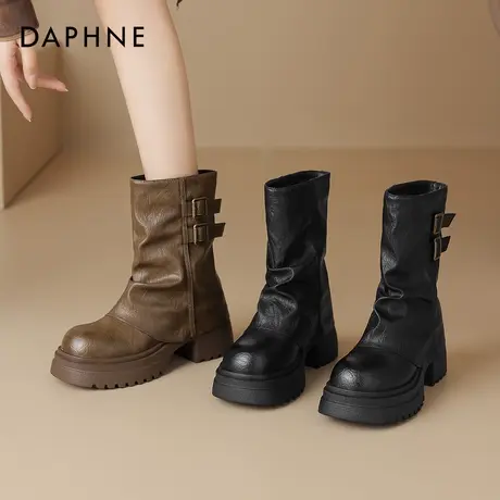 达芙妮黑色高跟短靴女2025新款裤管靴女新疆西部旅游堆堆靴马丁靴商品大图