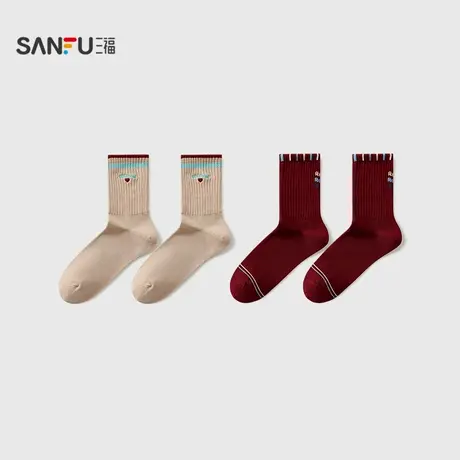 三福女短筒袜单双装 学院运动风复古轻潮精梳棉女袜袜子838462商品大图