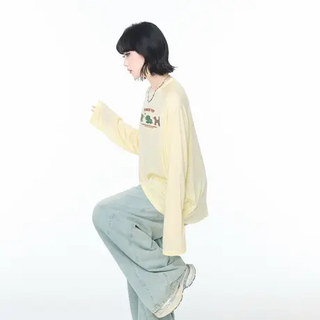 美式复古动物印花防晒罩衫女春秋新款宽松微透轻薄长袖T恤上衣商品大图