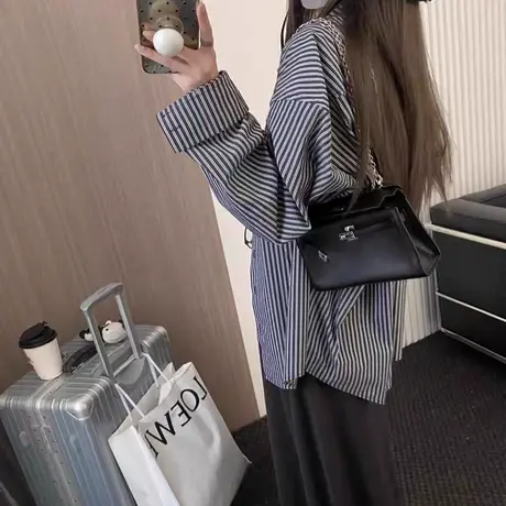 春夏秋新长袖慵懒风长袖纯棉条纹衬衫女韩版宽松大码休闲百搭衬衣商品大图