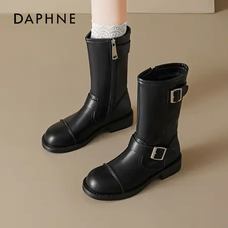 达芙妮骑士靴女2026新款春季靴子黑色马丁靴中筒皮面软底裤管靴商品大图
