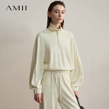 Amii2025秋新款休闲百搭高领拉链半门襟套头插肩袖宽松微弹卫衣女商品大图