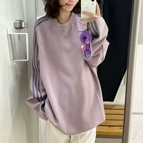 华夫格条纹长袖T恤女2025春秋季新款宽松韩版内搭外穿打底衫上衣商品大图