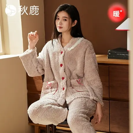 秋鹿长毛绒睡衣女秋冬新款可爱甜美V领珊瑚绒加绒加厚家居服套装商品大图