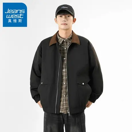 N5真维斯外套男2025新款秋季美式潮牌撞色翻领宽松男士春秋装夹克商品大图