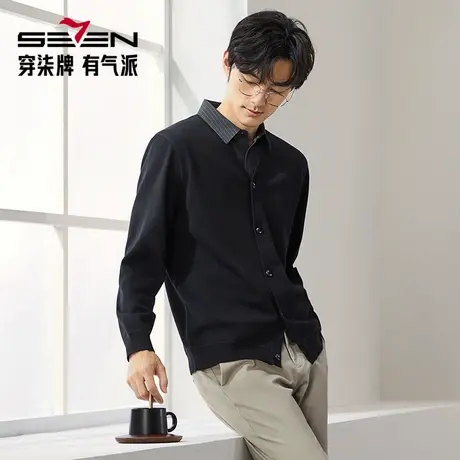 柒牌男装清仓假两件毛衣男秋冬衬衫领加绒保暖舒适休闲百搭针织衫商品大图