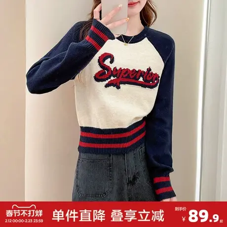 唐狮秋冬美式学院风圆领套头毛衣女小个子显瘦时尚百搭针织衫商品大图