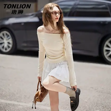 唐狮官方一字肩长袖t恤女2026新款春季纯欲露肩打底衫修身上衣VC图片