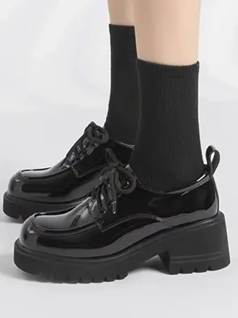 真皮小皮鞋女2023年新款秋冬季英伦风系带粗跟乐福单鞋厚底松糕鞋商品大图