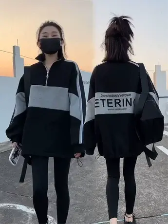 撞色拼接立领卫衣女春秋款上衣2023新款宽松套头中长款加绒外套潮商品大图