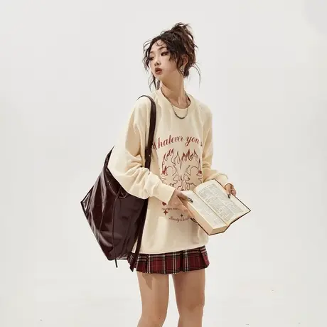 YEP美式复古加绒加厚卫衣女秋冬2023年新款潮牌宽松oversize上衣商品大图