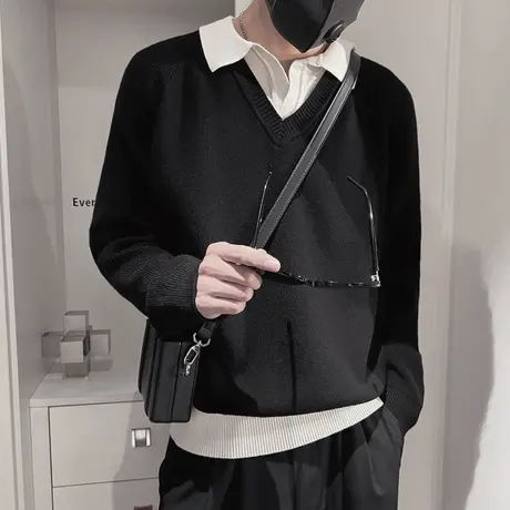 假两件毛衣男撞色休闲小众设计感线衣个性翻领拼接潮牌针织衫外套商品大图