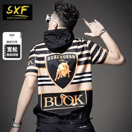 SXF圣希梵男士短袖2023新款  宽松连帽体恤潮牌印花条纹夏装T恤男商品大图