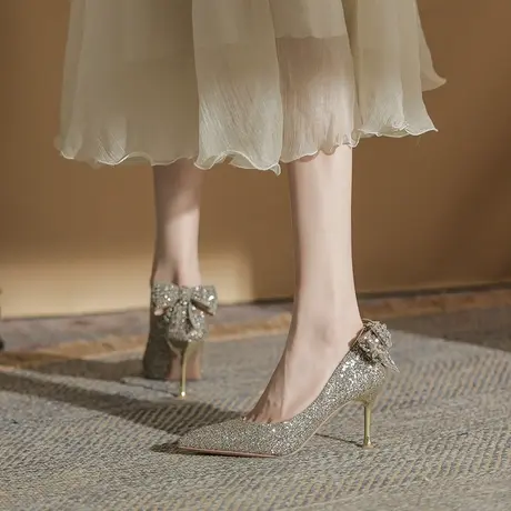 婚鞋新娘鞋高跟鞋女细跟2023新款水钻蝴蝶结两穿宴会水晶鞋不累脚商品大图